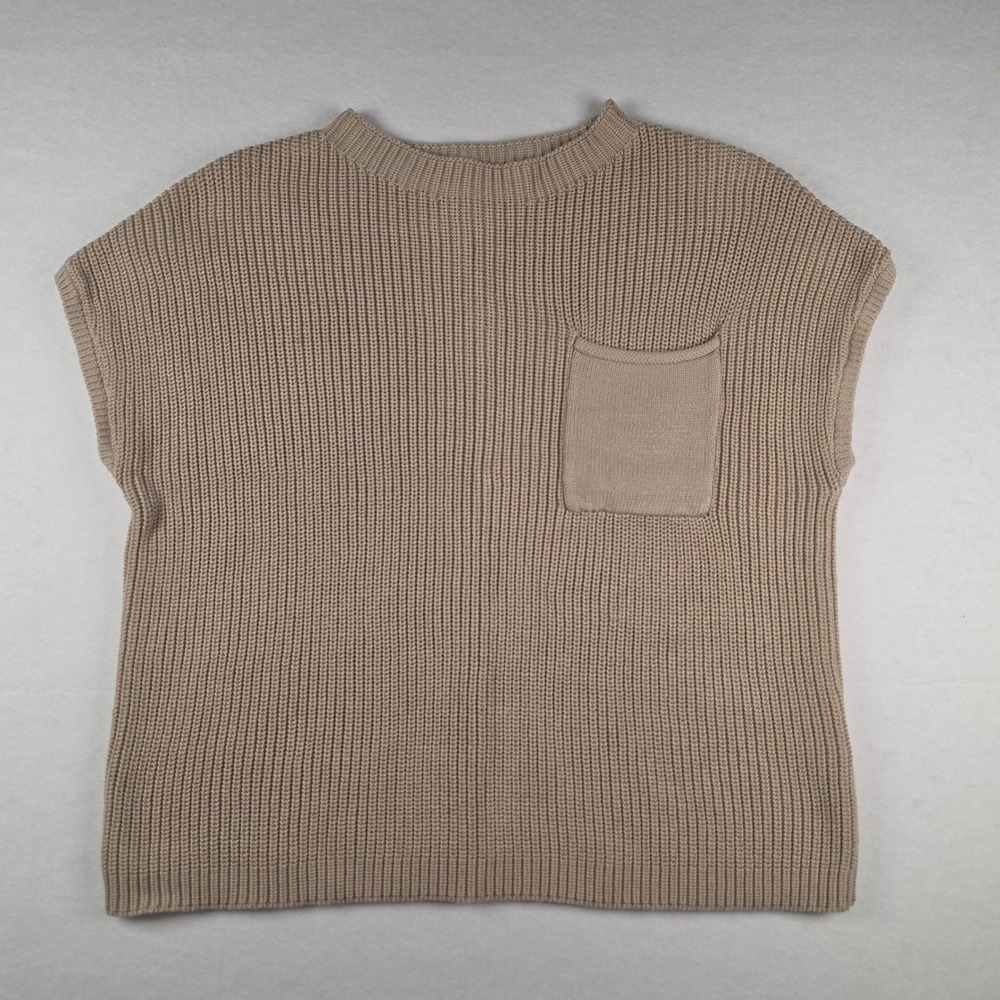 Lillusory Pocket Sweater Vest Medium Tan Crew Neck Cotton Ribbed Knit‎ Vest